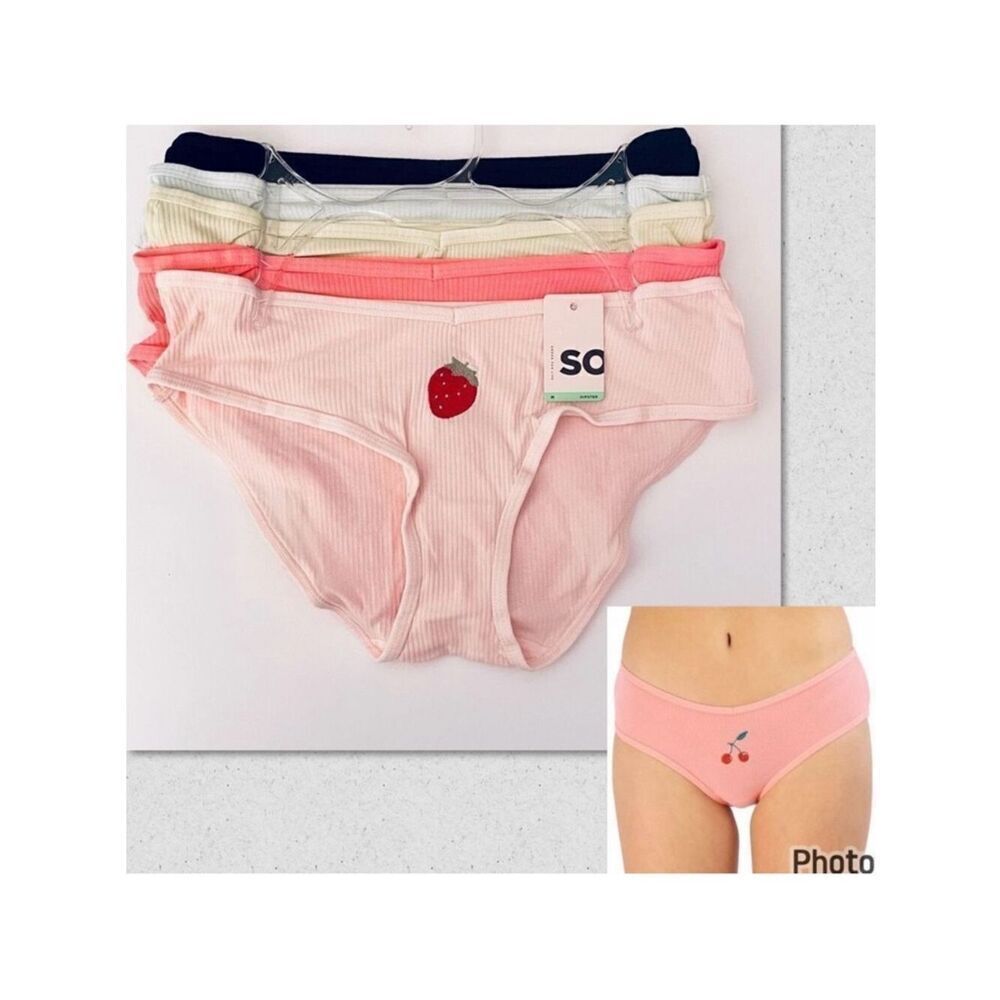 NWT 5 Pack SO Sz M Pink,Green,Blue,Black with Fruits Ribbed Hipster Panty Set